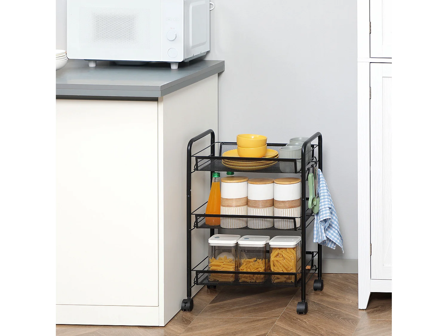 Chariot desserte 3 paniers 4 crochets acier noir