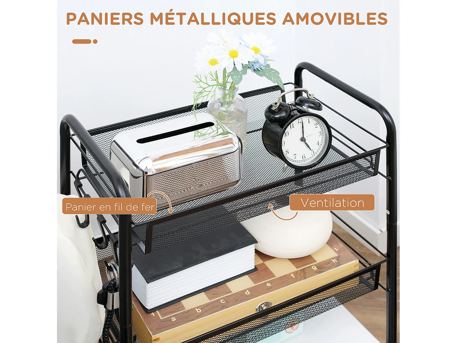 Chariot desserte 3 paniers 4 crochets acier noir