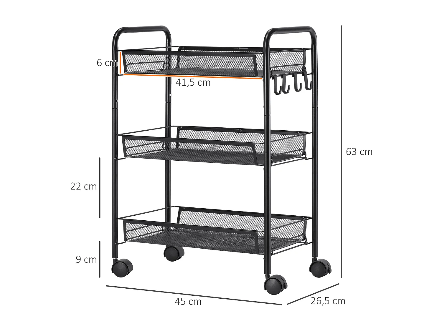 Chariot desserte 3 paniers 4 crochets acier noir