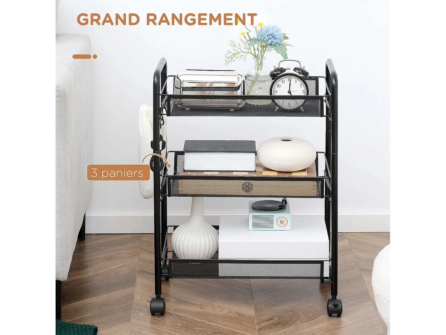 Chariot desserte 3 paniers 4 crochets acier noir