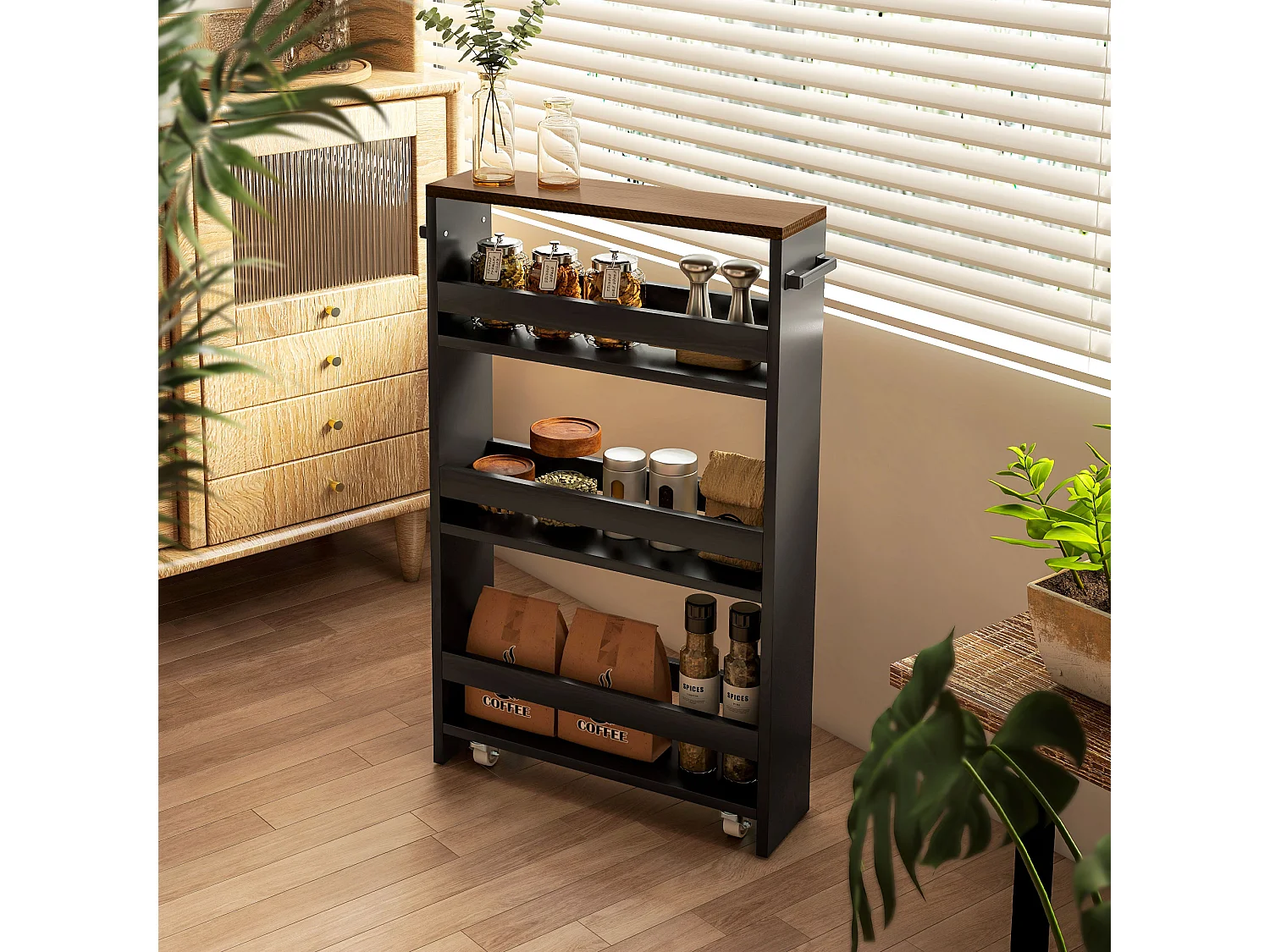 Chariot de rangement desserte à roulettes avec 3 niveaux de rangement et poignée, dim. 51,5l x 13P x 80H cm, noir