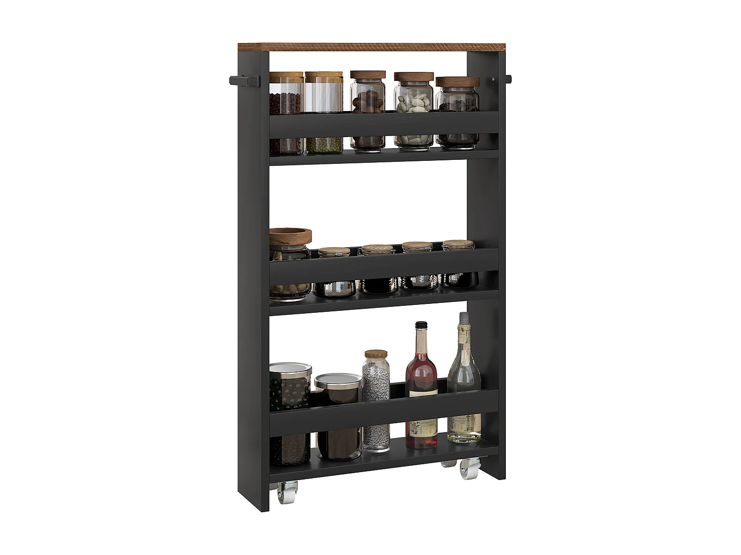 Chariot de rangement desserte à roulettes avec 3 niveaux de rangement et poignée, dim. 51,5l x 13P x 80H cm, noir