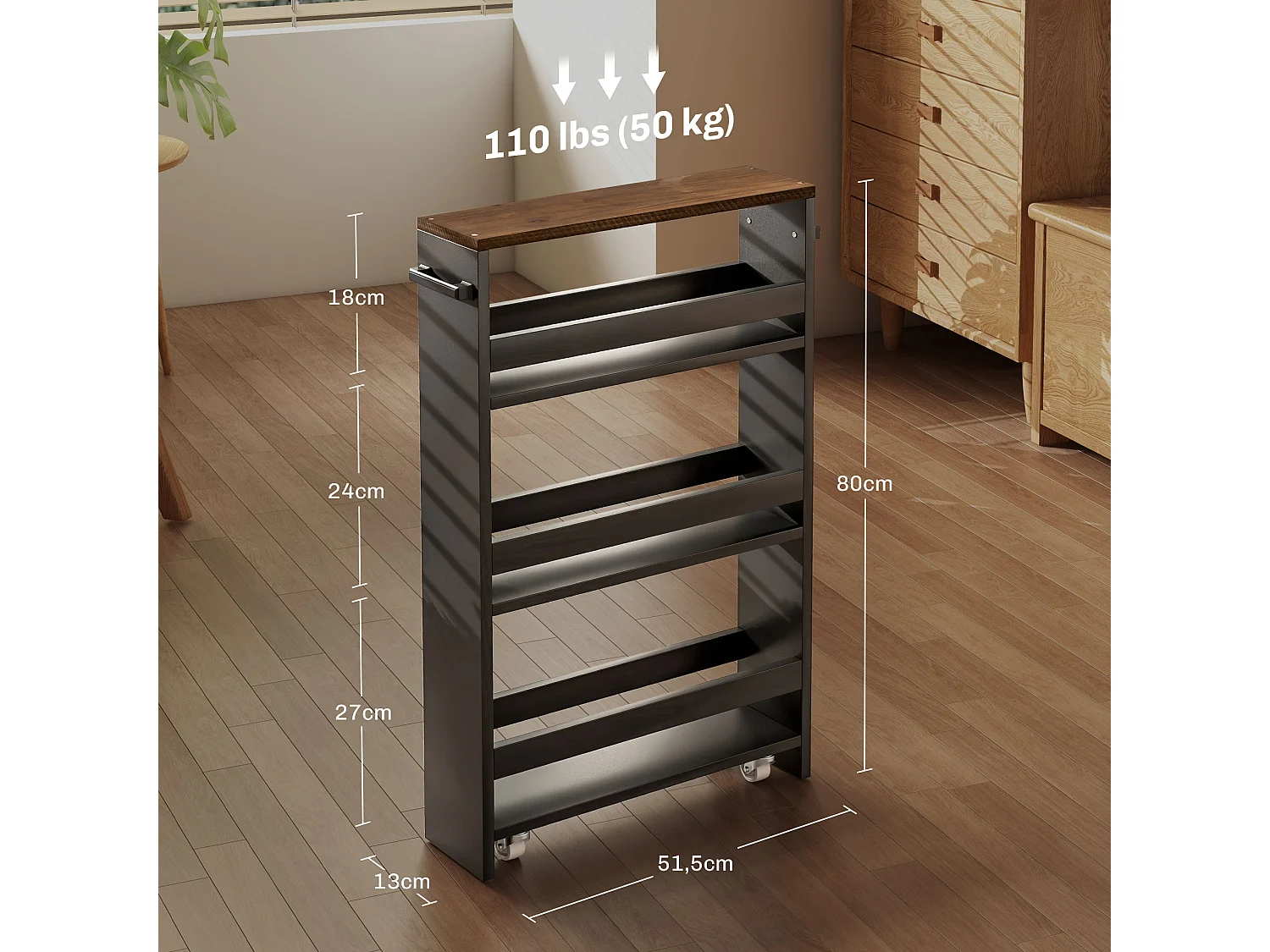 Chariot de rangement desserte à roulettes avec 3 niveaux de rangement et poignée, dim. 51,5l x 13P x 80H cm, noir