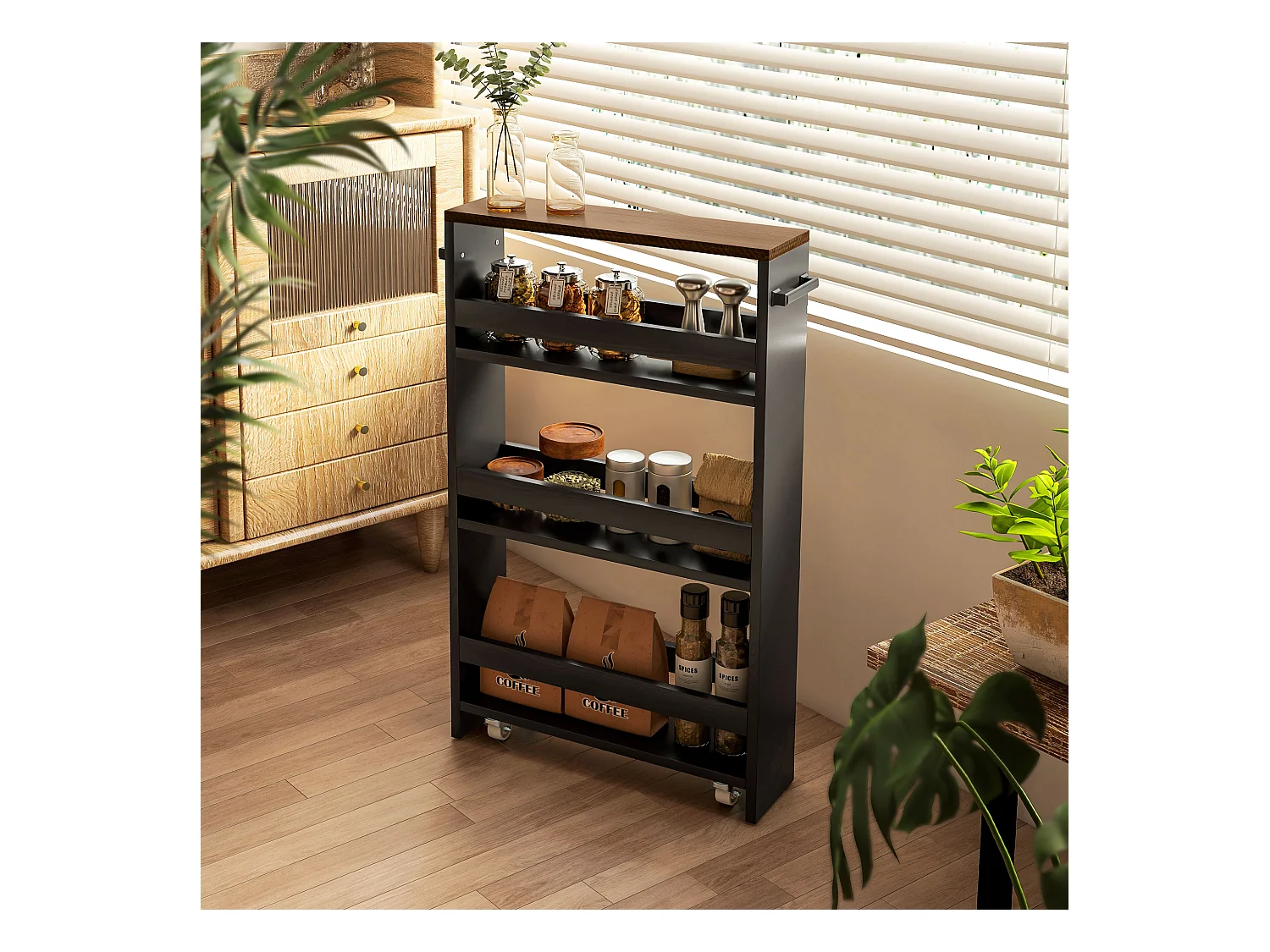 Chariot de rangement desserte à roulettes avec 3 niveaux de rangement et poignée, dim. 51,5l x 13P x 80H cm, noir
