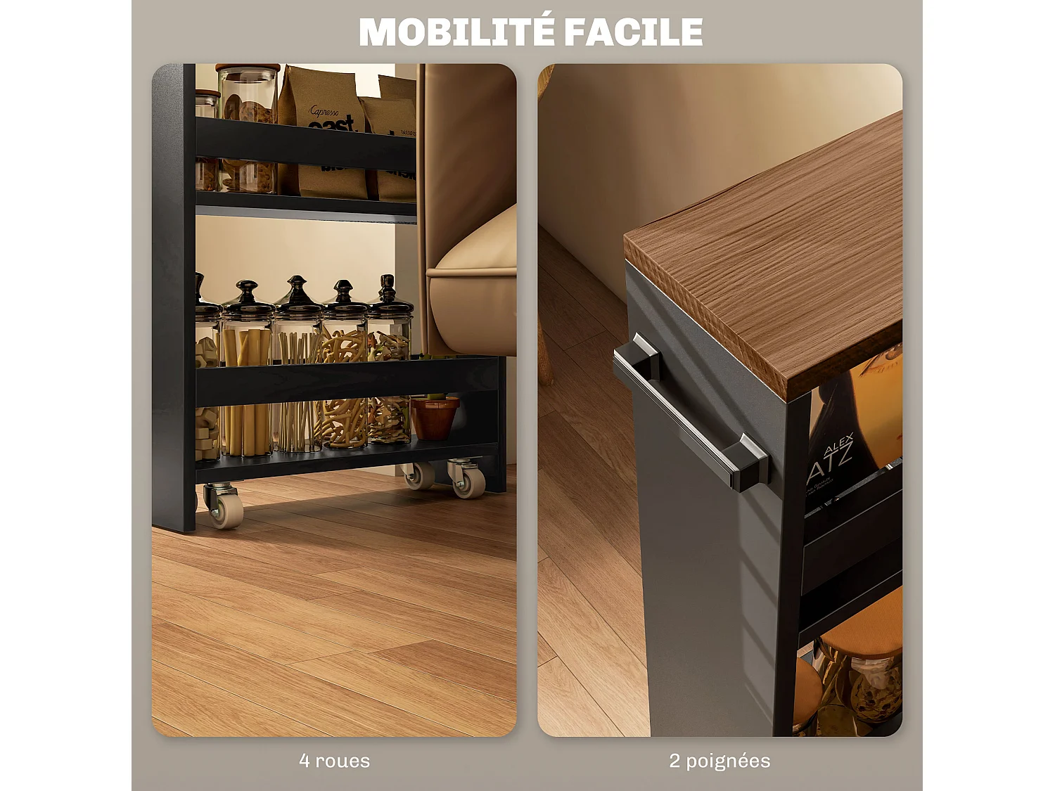 Chariot de rangement desserte à roulettes avec 3 niveaux de rangement et poignée, dim. 51,5l x 13P x 80H cm, noir