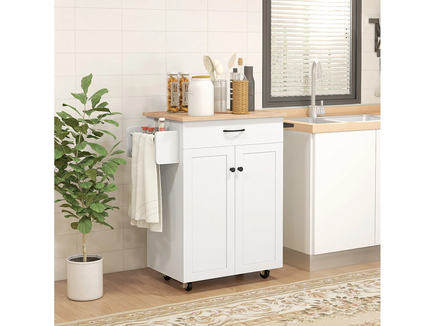 Desserte de cuisine - tiroir, 2 portes, étagère, porte-épices - MDF blanc plateau bois hévéa verni