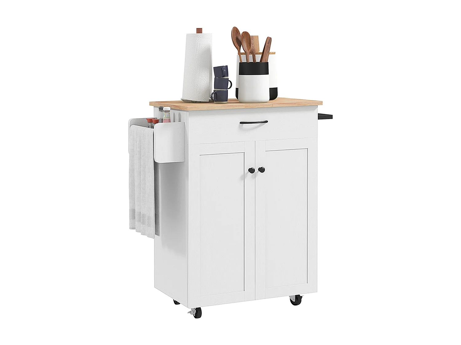 Desserte de cuisine - tiroir, 2 portes, étagère, porte-épices - MDF blanc plateau bois hévéa verni