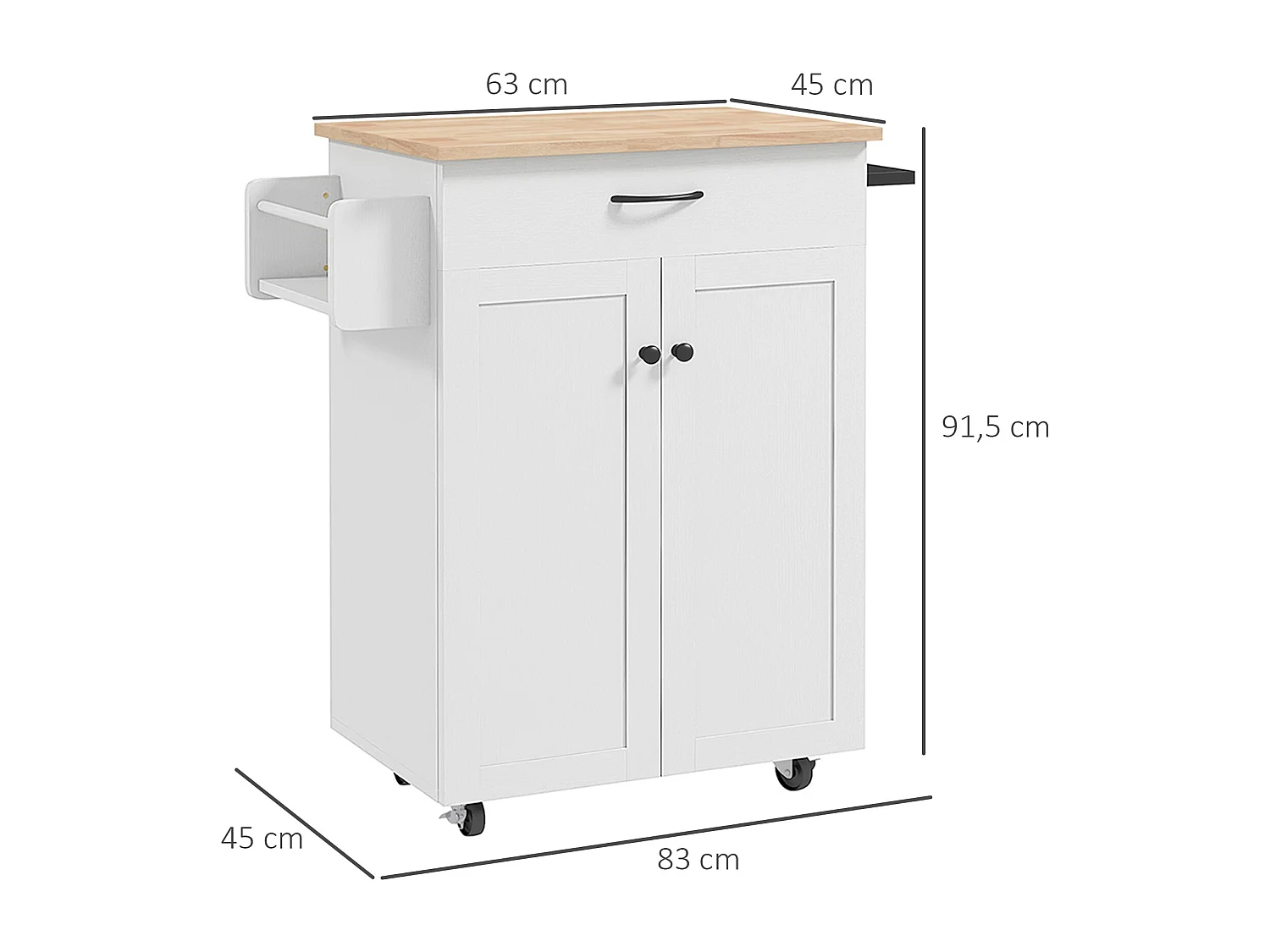 Desserte de cuisine - tiroir, 2 portes, étagère, porte-épices - MDF blanc plateau bois hévéa verni