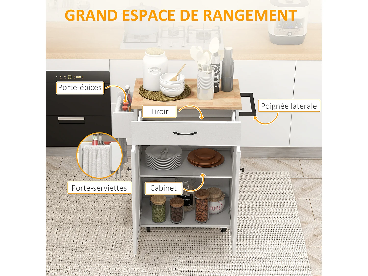 Desserte de cuisine - tiroir, 2 portes, étagère, porte-épices - MDF blanc plateau bois hévéa verni