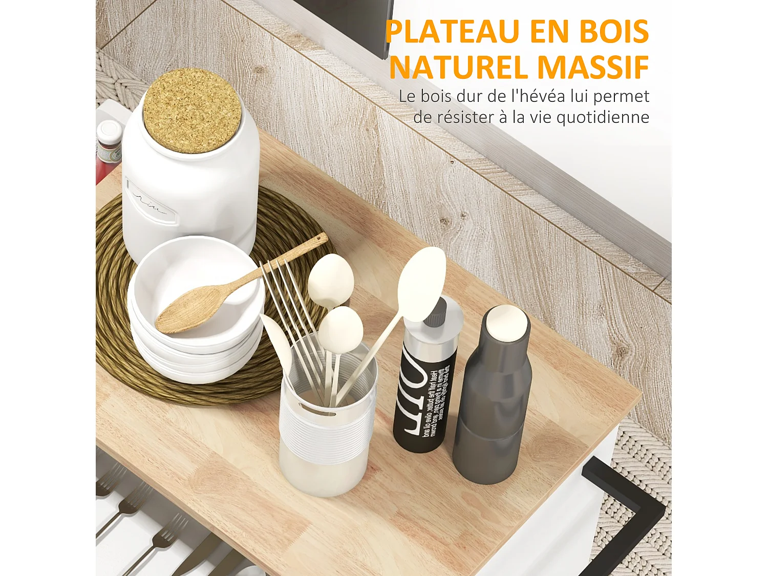Desserte de cuisine - tiroir, 2 portes, étagère, porte-épices - MDF blanc plateau bois hévéa verni
