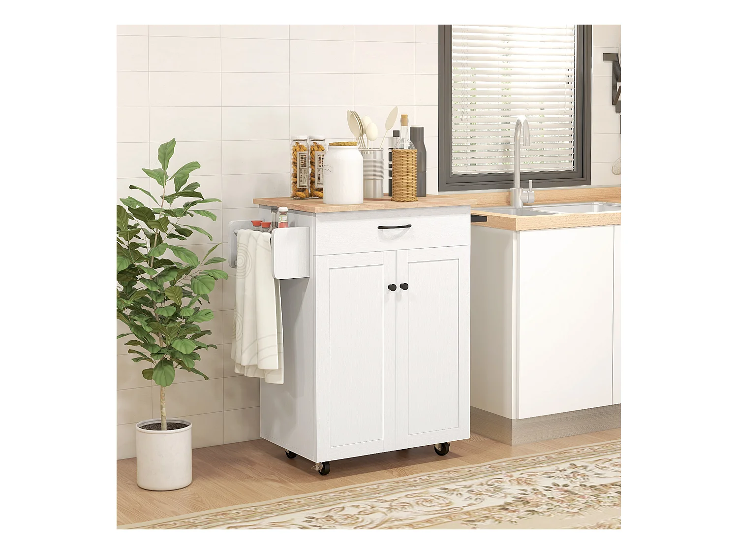 Desserte de cuisine - tiroir, 2 portes, étagère, porte-épices - MDF blanc plateau bois hévéa verni