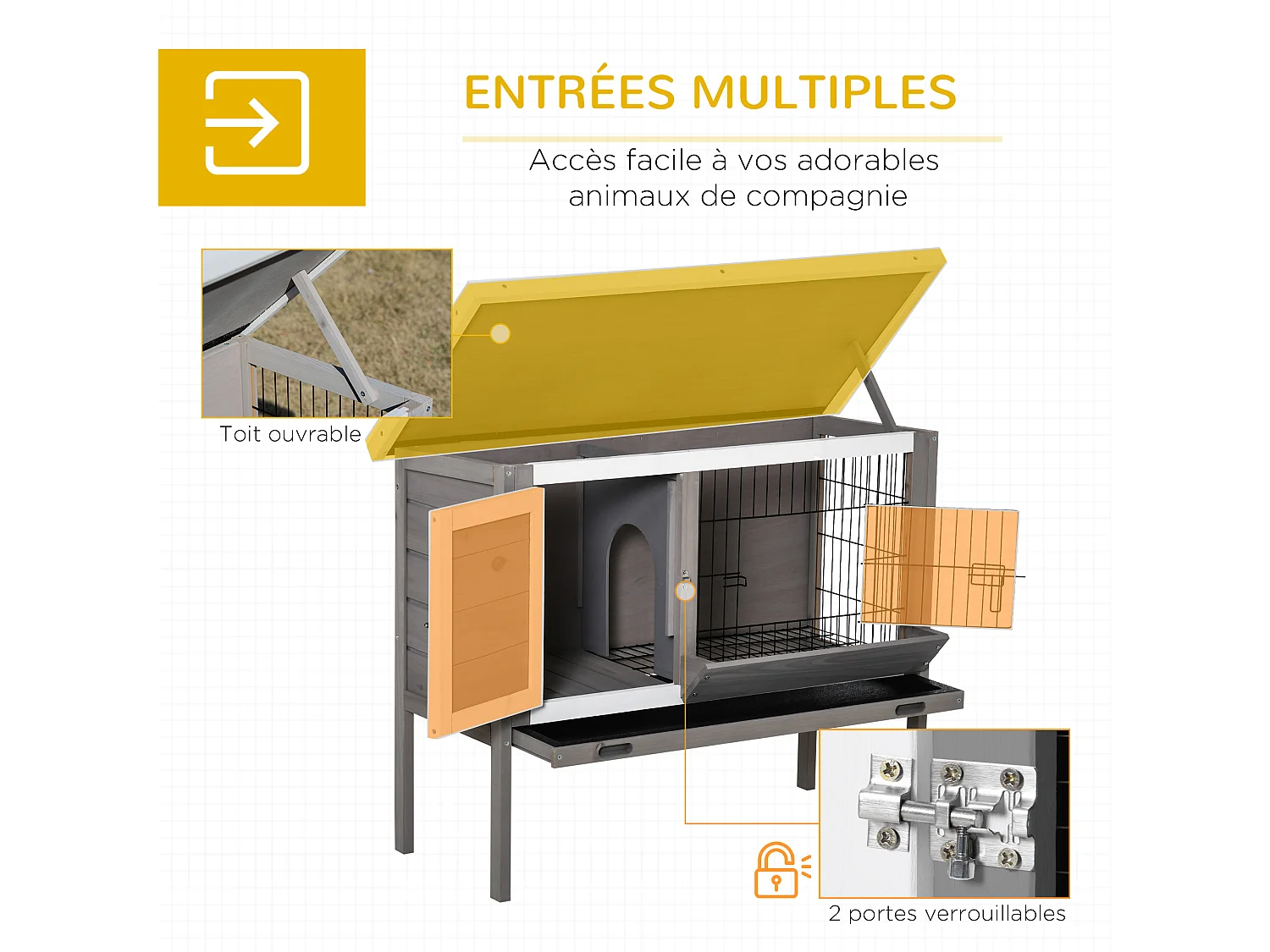 Clapier sur pied - 2 portes, toit bitumé ouvrant, plateau coulissant - acier bois gris blanc noir