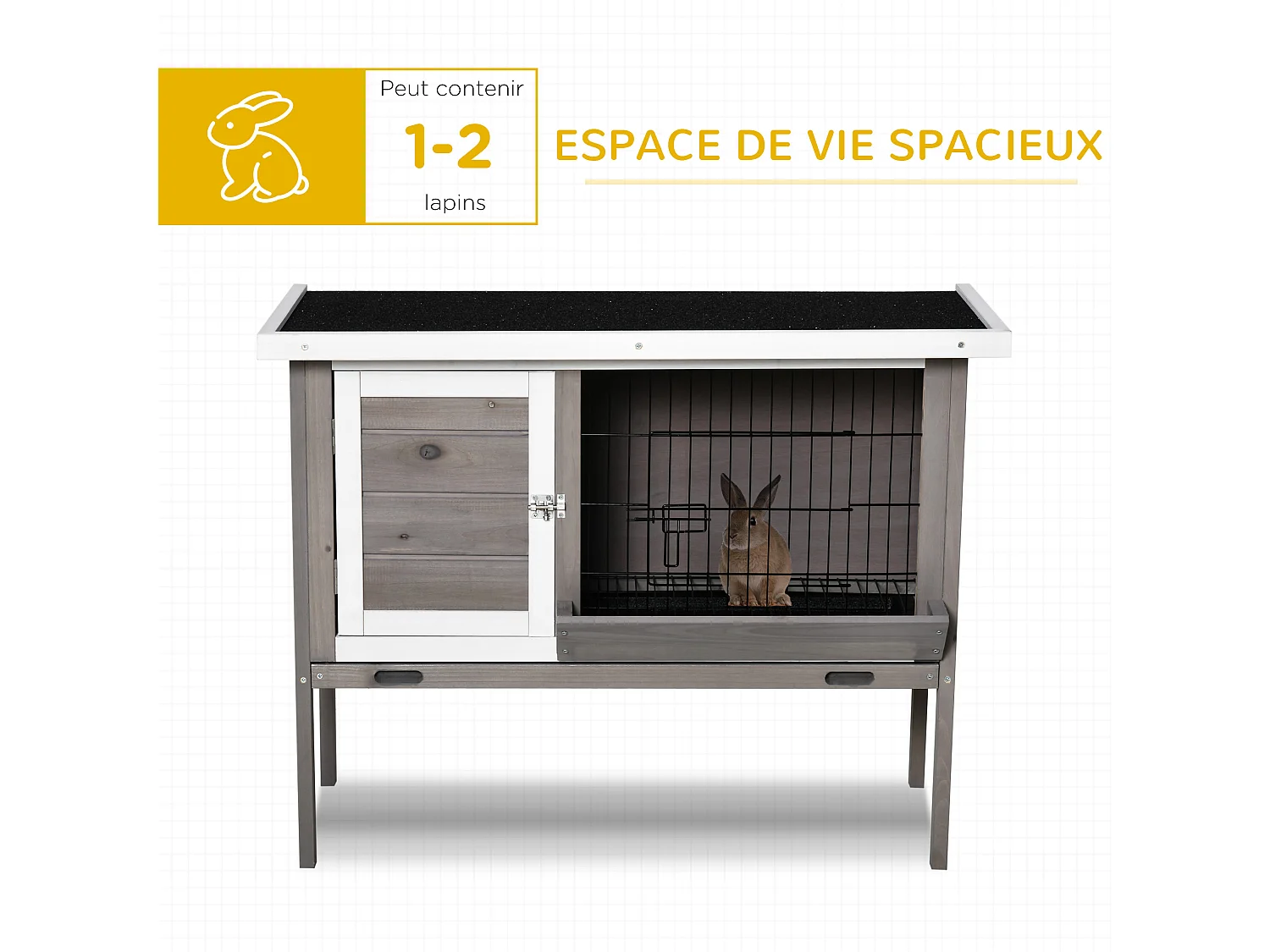 Clapier sur pied - 2 portes, toit bitumé ouvrant, plateau coulissant - acier bois gris blanc noir