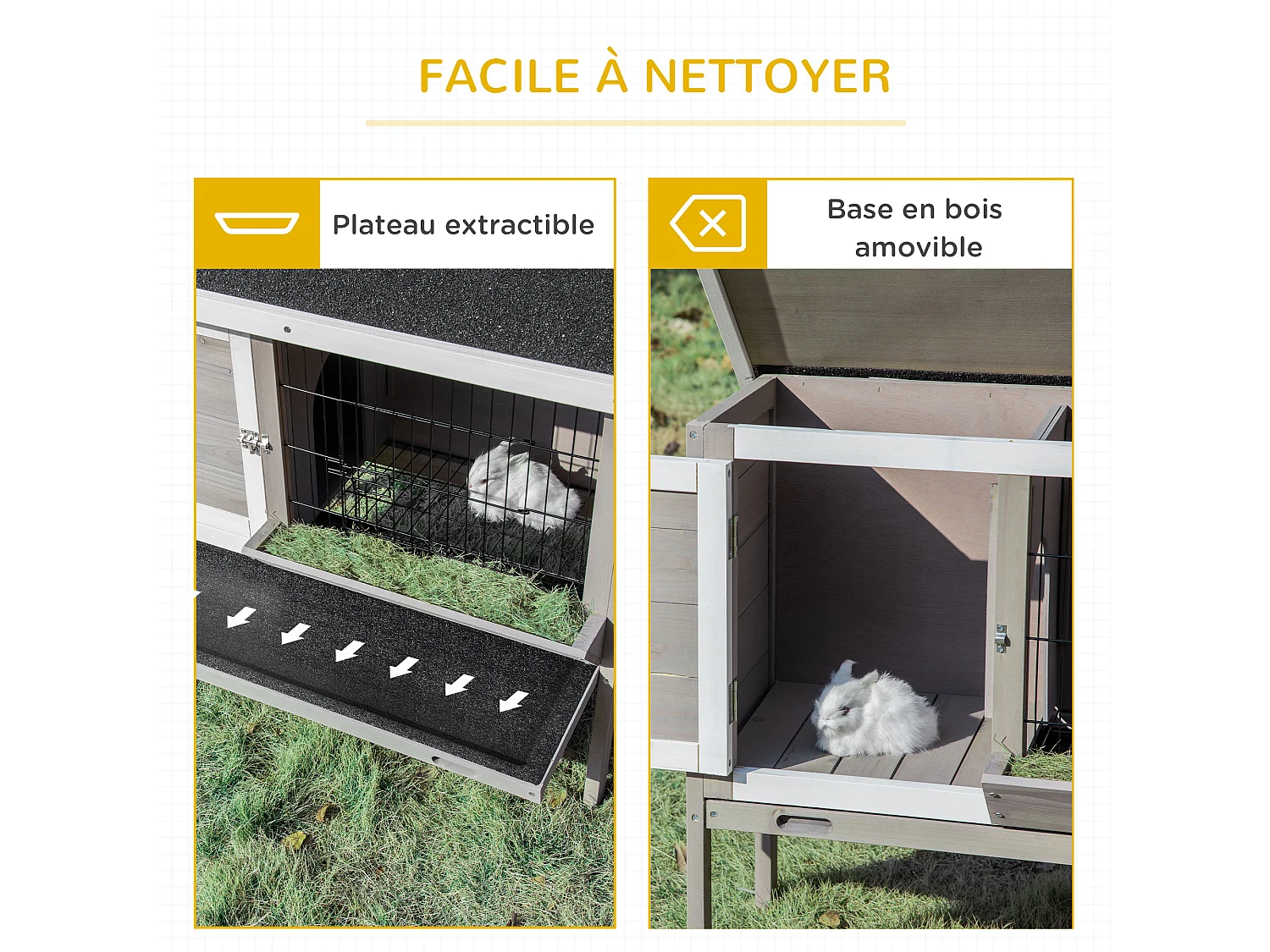 Clapier sur pied - 2 portes, toit bitumé ouvrant, plateau coulissant - acier bois gris blanc noir