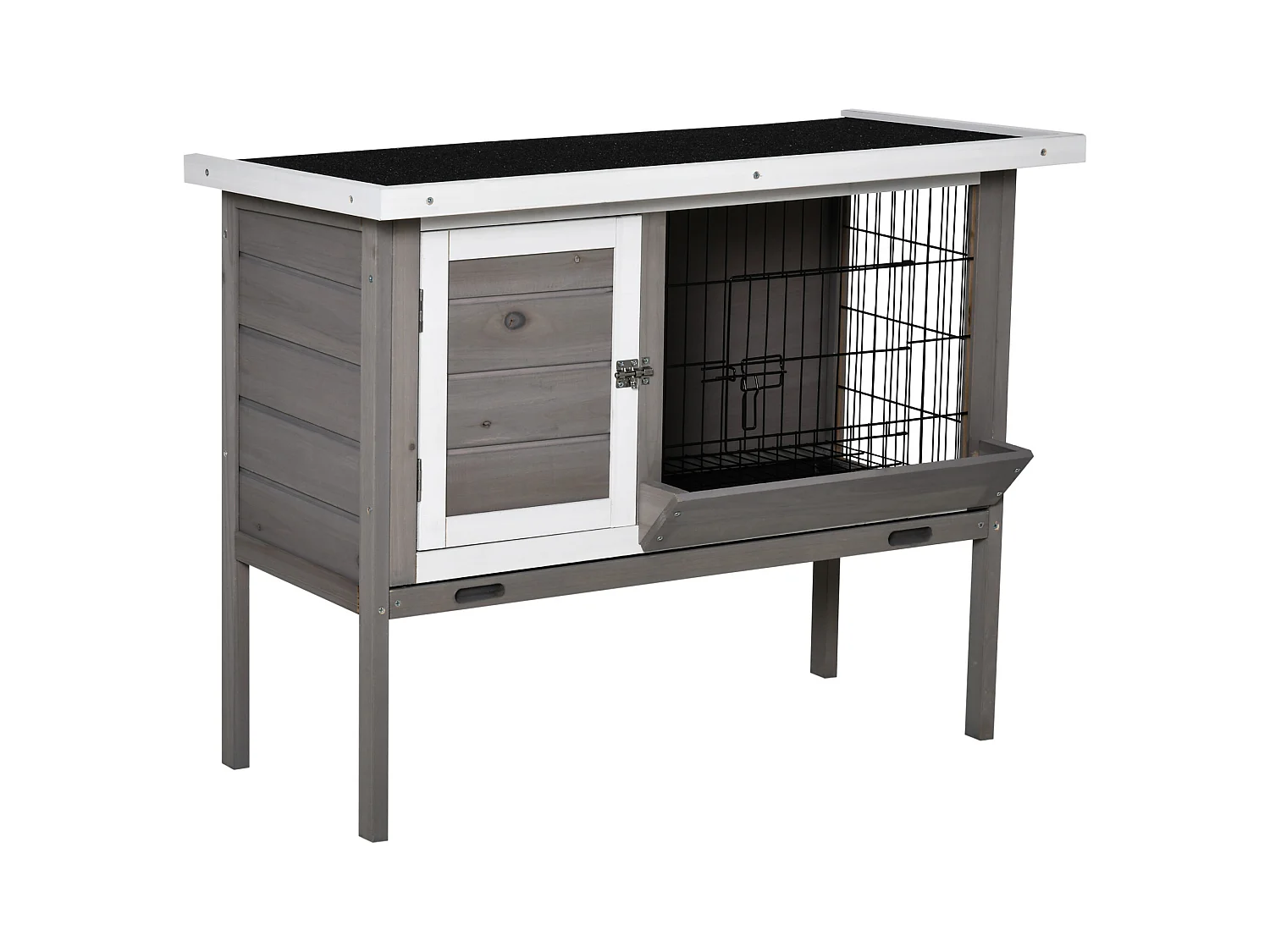 Clapier sur pied - 2 portes, toit bitumé ouvrant, plateau coulissant - acier bois gris blanc noir