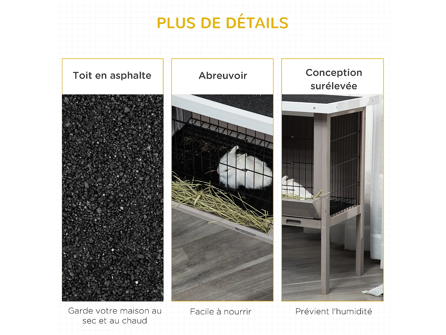 Clapier sur pied - 2 portes, toit bitumé ouvrant, plateau coulissant - acier bois gris blanc noir