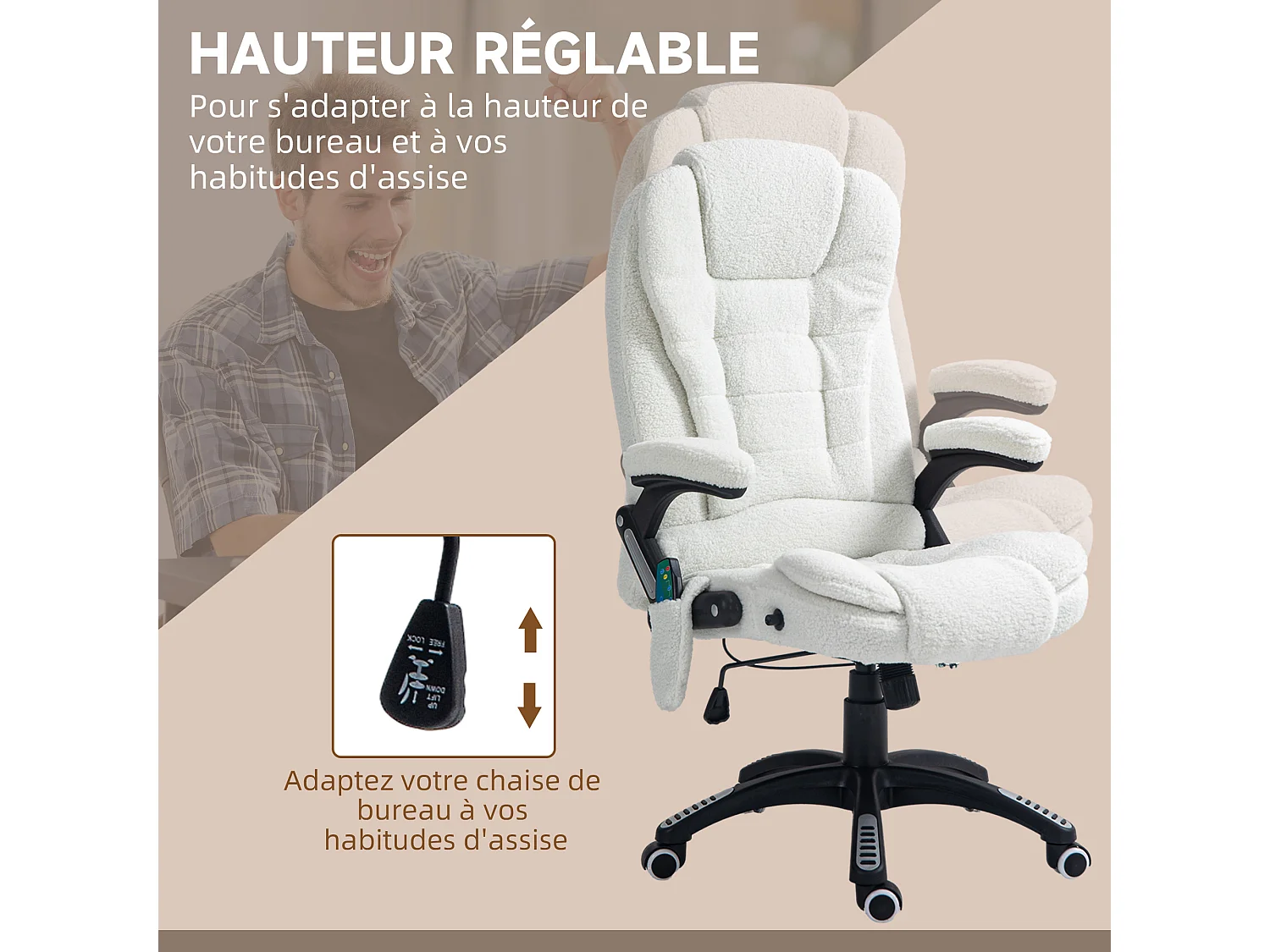 Fauteuil de bureau direction massant chauffant hauteur réglable dossier inclinable effet laine bouclée blanc