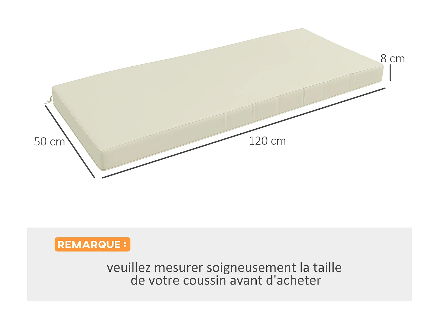 Coussin de banc de jardin déhoussable - coussin balancelle - dim. 120L x 50l cm - rembourrage 8 cm - cordons d'attache - polyester crème