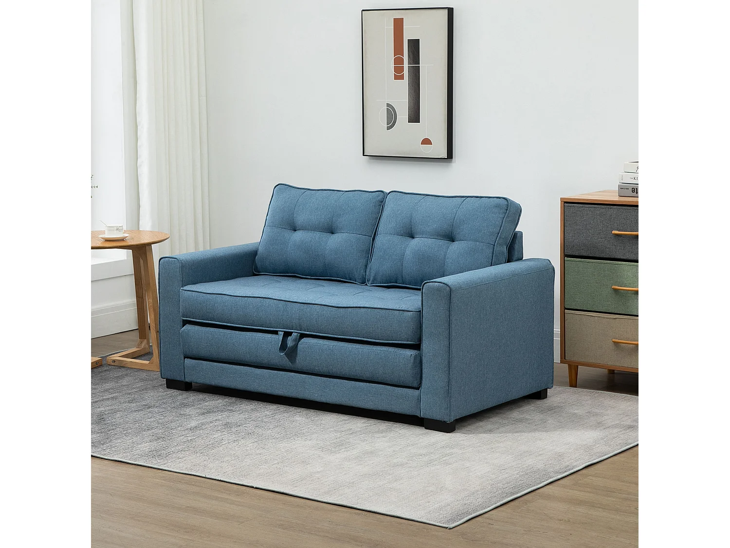 Canapé convertible 2 places design contemporain assise dossier capitonnés polyester aspect lin bleu