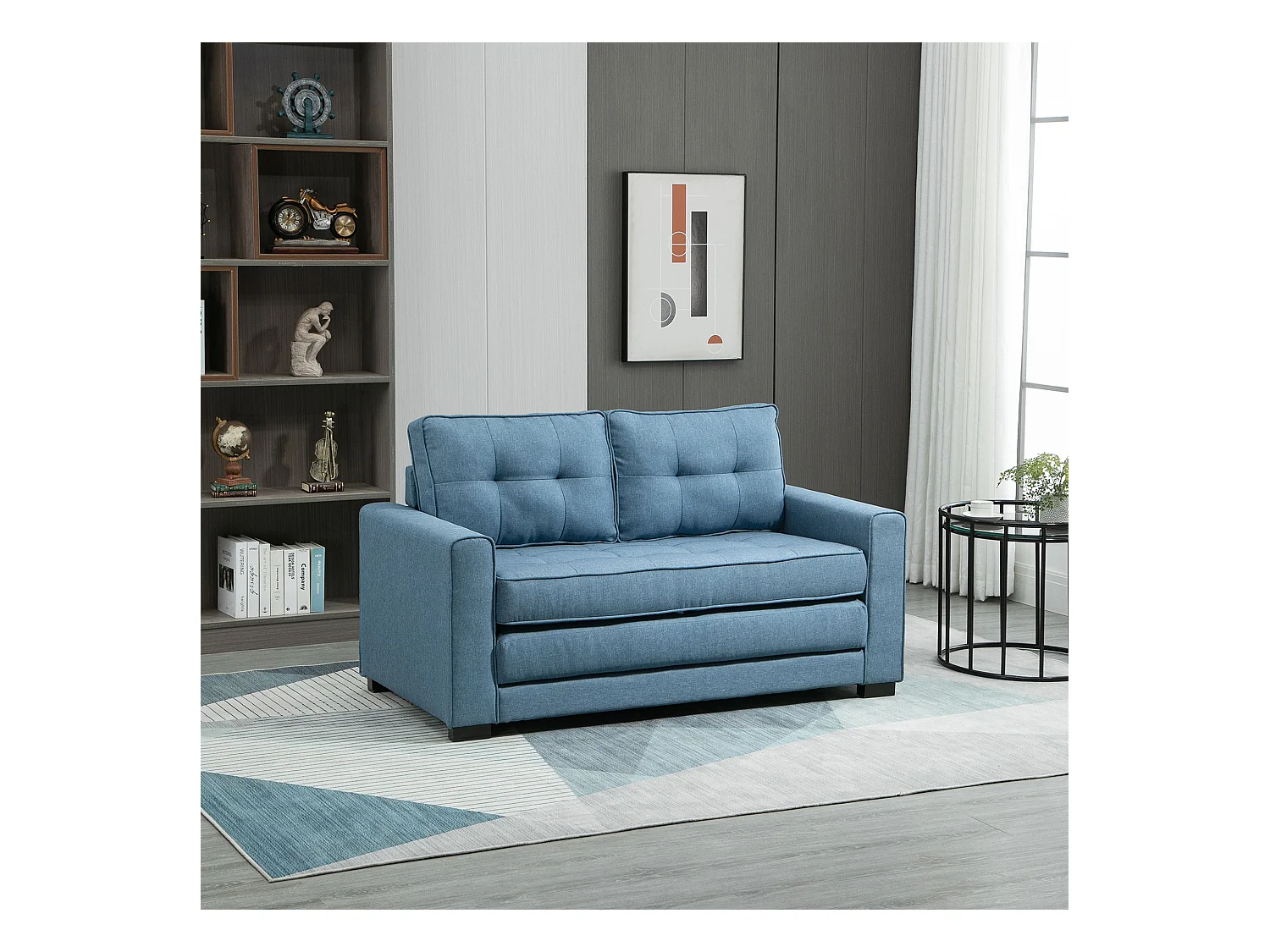 Canapé convertible 2 places design contemporain assise dossier capitonnés polyester aspect lin bleu