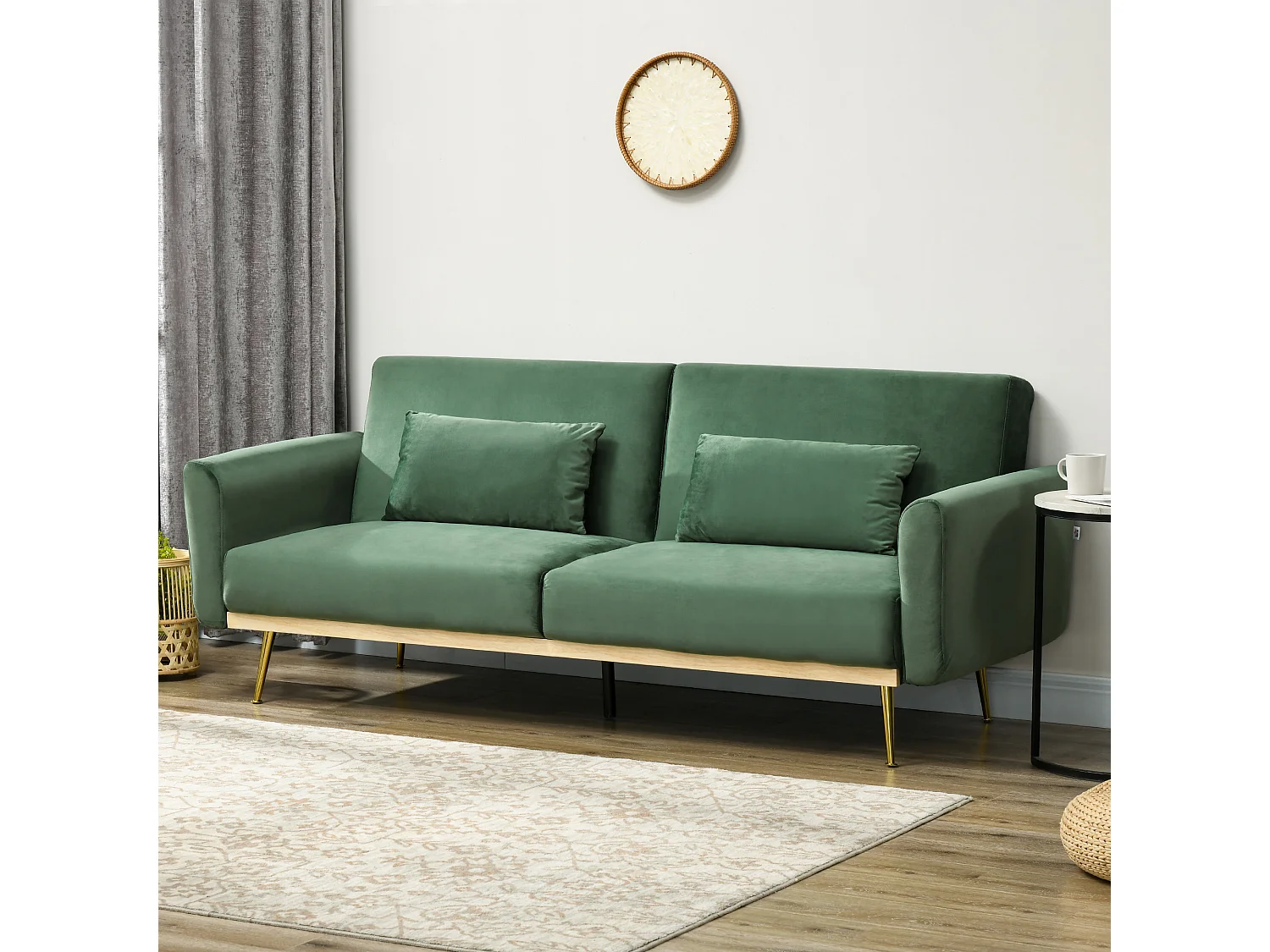 Canapé convertible 2 places inclinable style art-déco bois hévéa piètement effilé métal doré velours vert