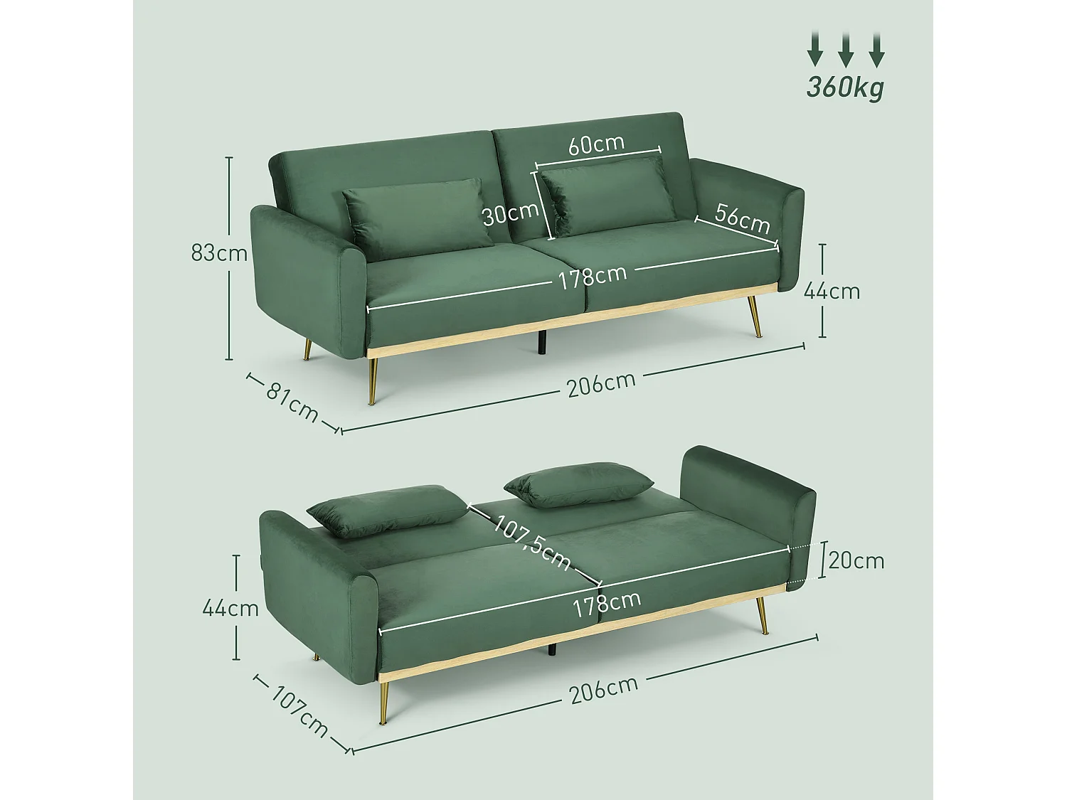 Canapé convertible 2 places inclinable style art-déco bois hévéa piètement effilé métal doré velours vert