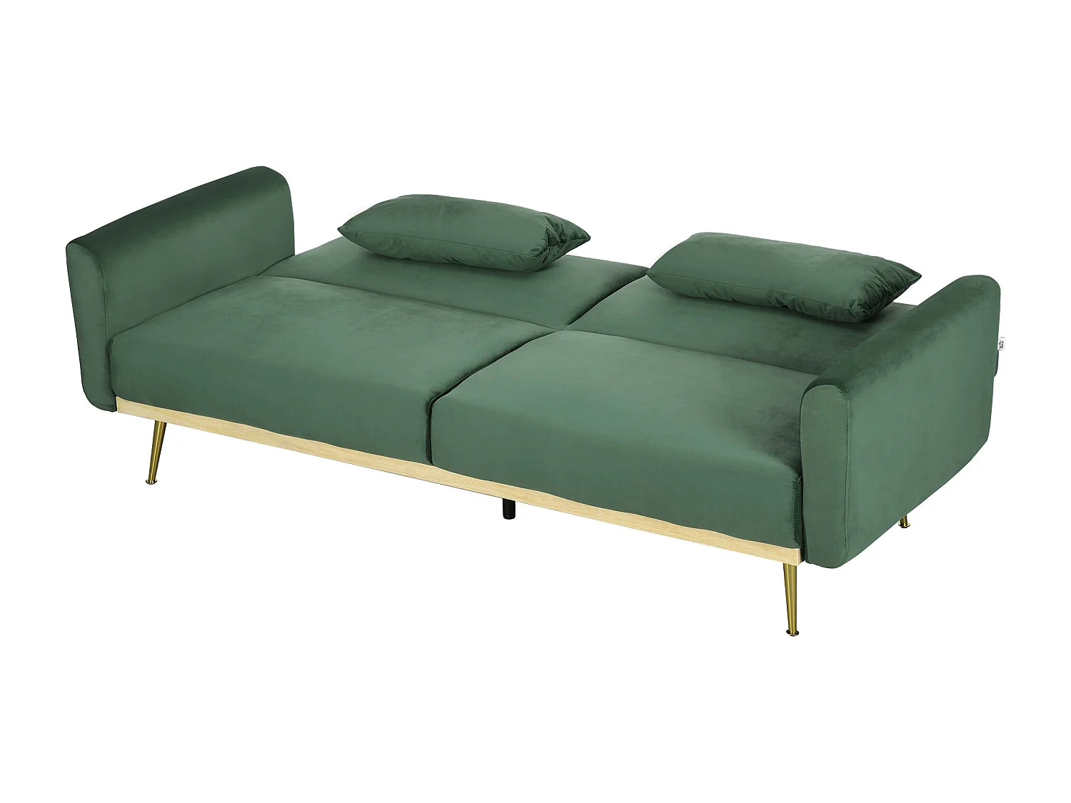 Canapé convertible 2 places inclinable style art-déco bois hévéa piètement effilé métal doré velours vert
