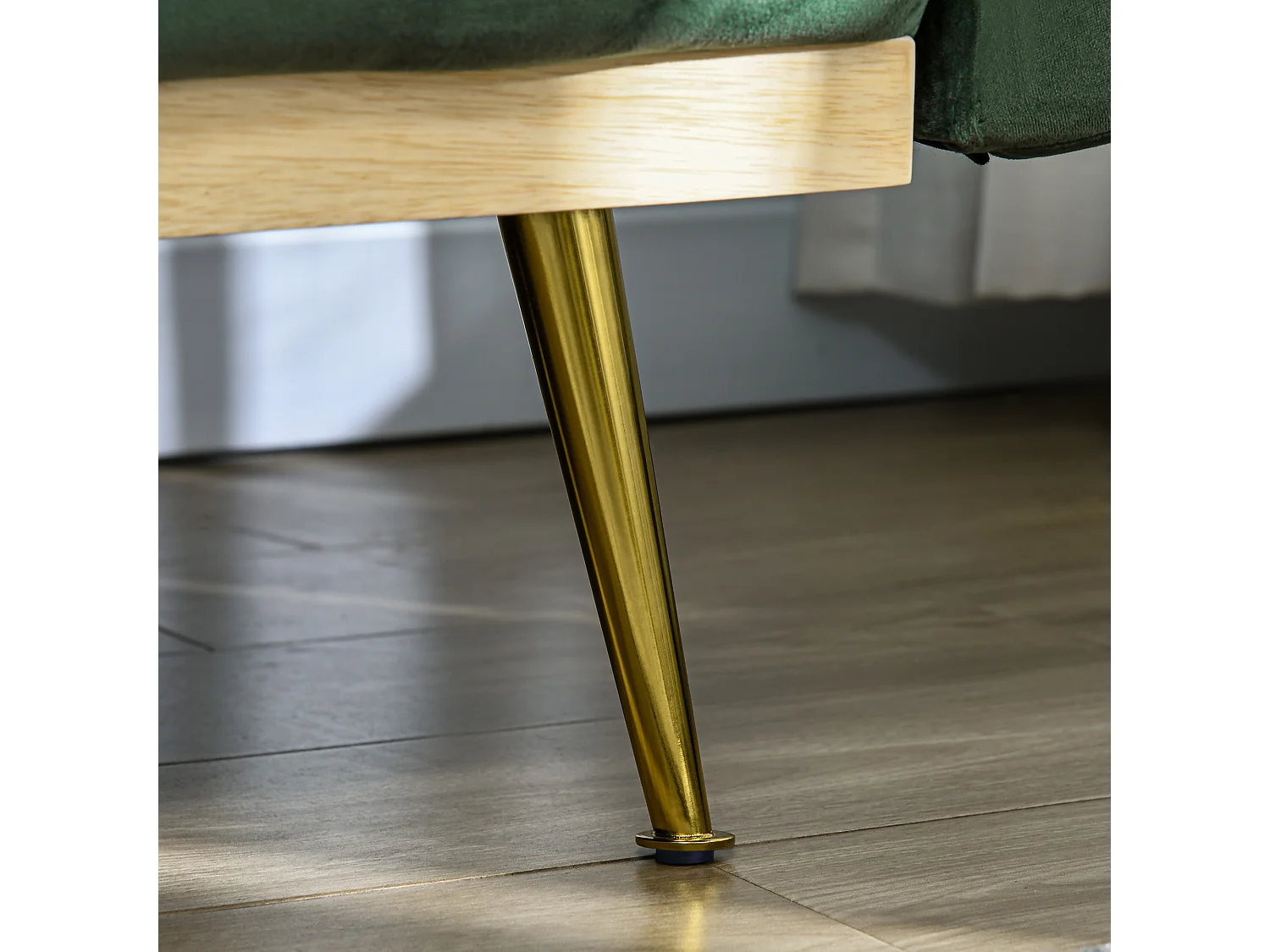 Canapé convertible 2 places inclinable style art-déco bois hévéa piètement effilé métal doré velours vert