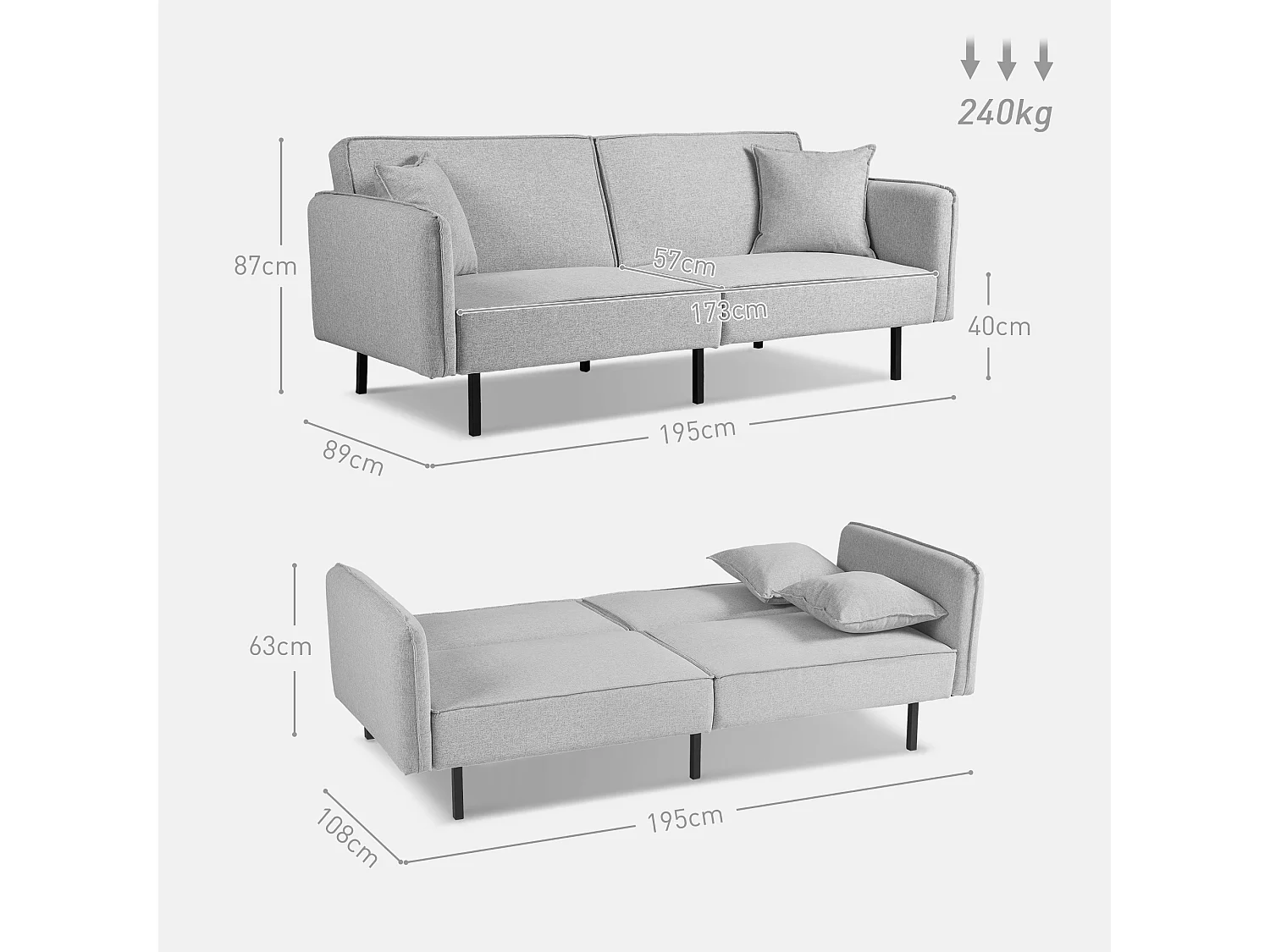 Canapé convertible 3 places, canapé-lit clic-clac, avec 2 coussins 195l x 89P x 87H cm gris clair