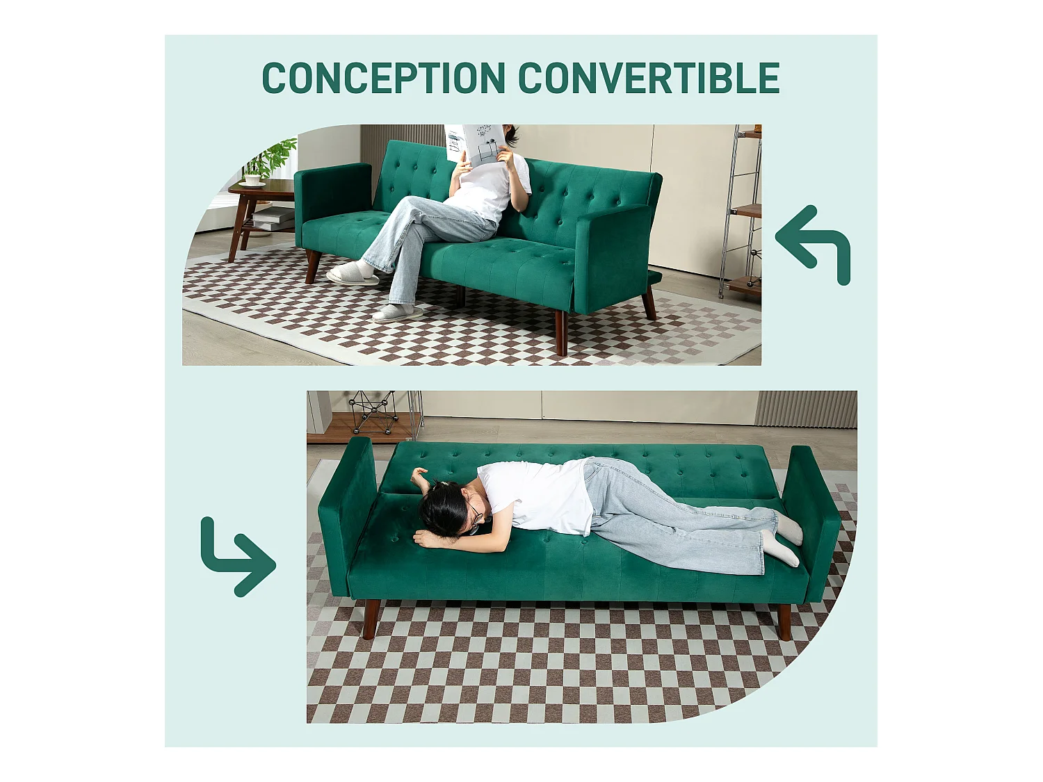 Canapé convertible 3 places design Chesterfield inclinable réglable effet capitonné velours vert turquoise