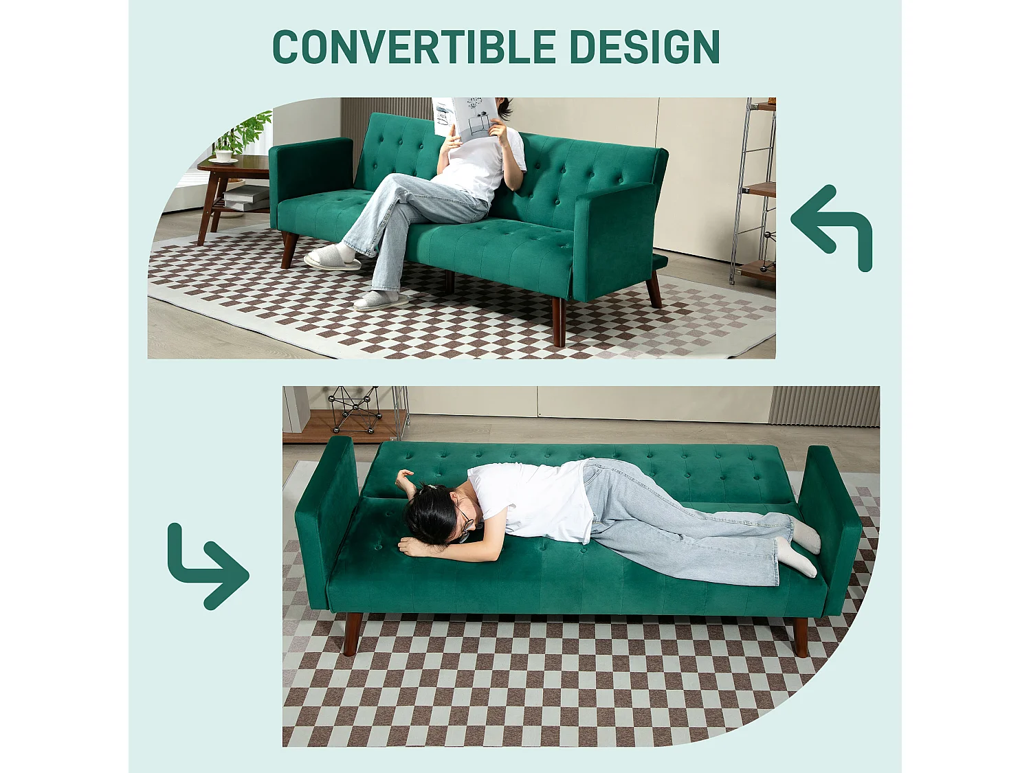 Canapé convertible 3 places design Chesterfield inclinable réglable effet capitonné velours vert turquoise