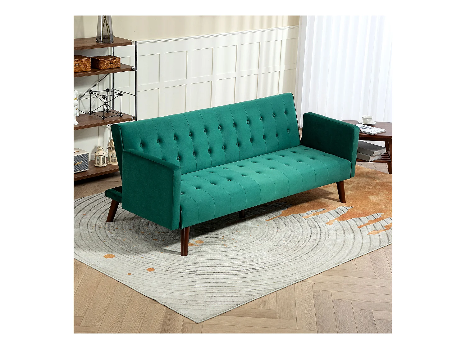 Canapé convertible 3 places design Chesterfield inclinable réglable effet capitonné velours vert turquoise