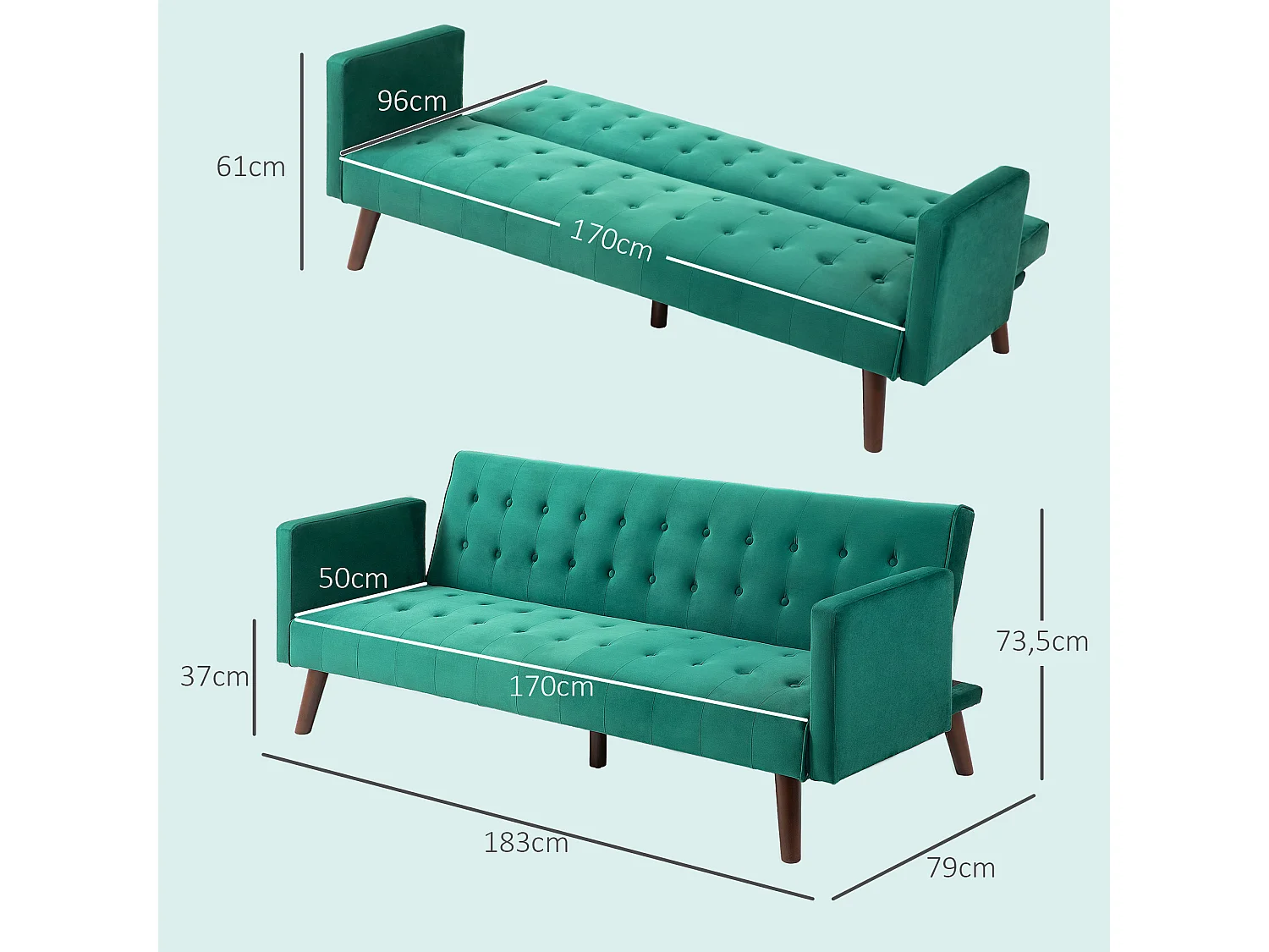 Canapé convertible 3 places design Chesterfield inclinable réglable effet capitonné velours vert turquoise