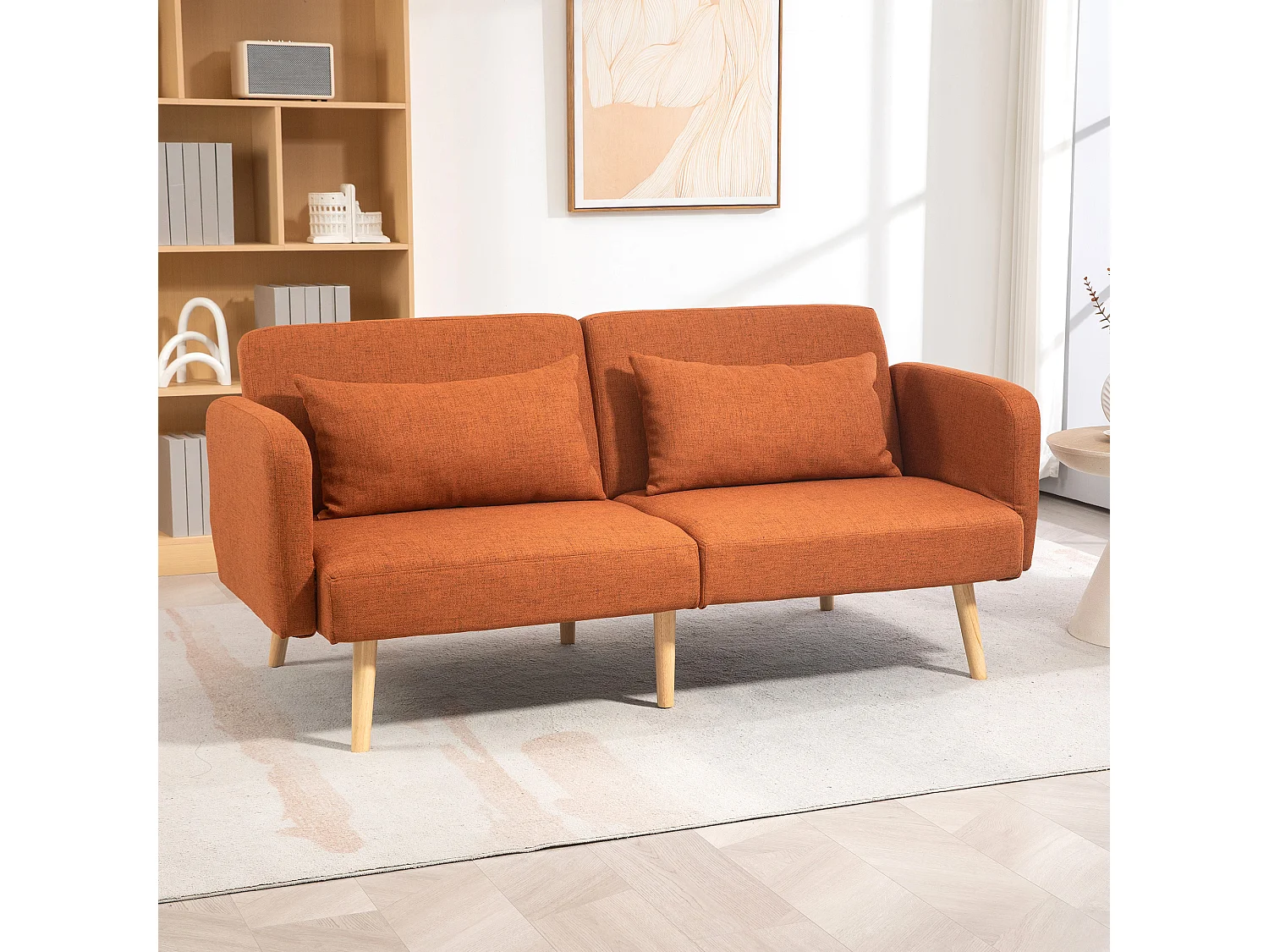 Canapé convertible 3 places design scandinave - dossier inclinable, accoudoirs réglables - 2 coussins déco - tissu ocre havane
