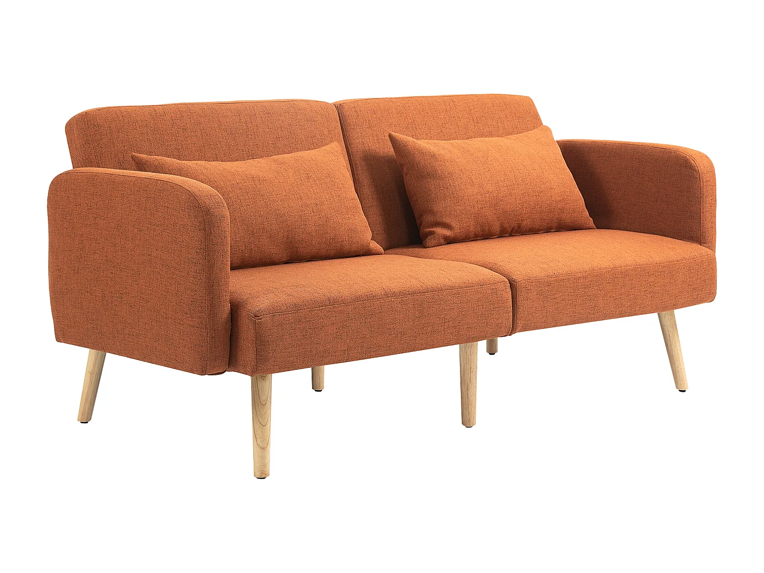 Canapé convertible 3 places design scandinave - dossier inclinable, accoudoirs réglables - 2 coussins déco - tissu ocre havane