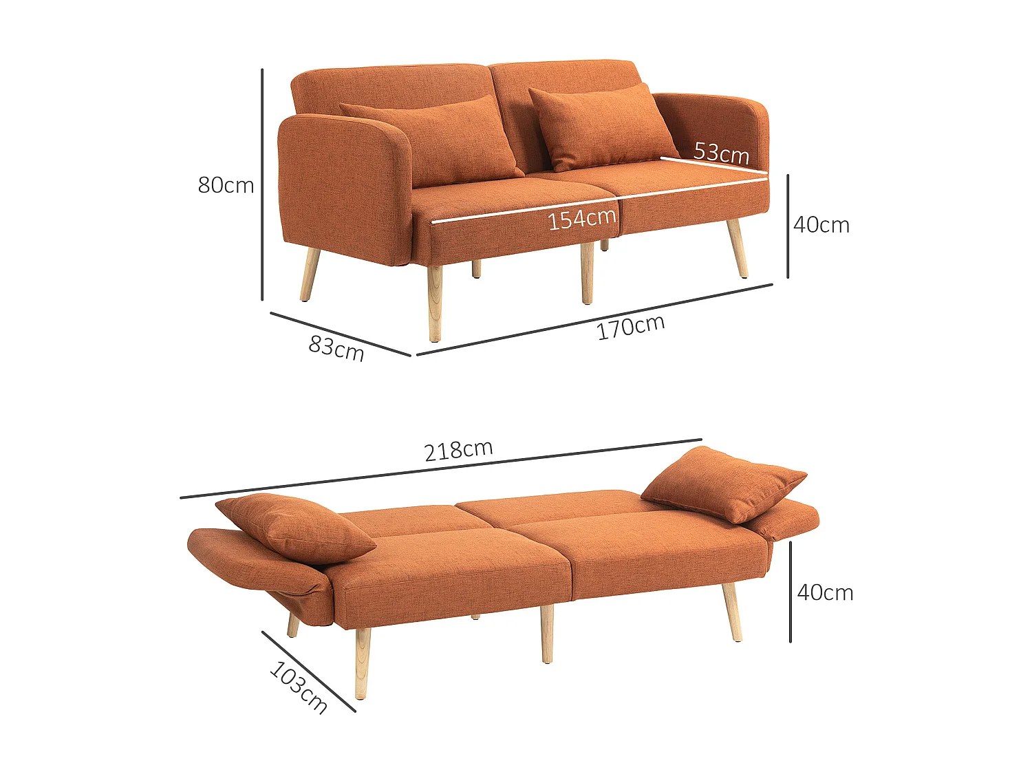 Canapé convertible 3 places design scandinave - dossier inclinable, accoudoirs réglables - 2 coussins déco - tissu ocre havane