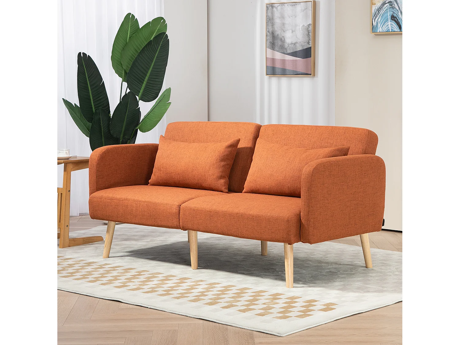 Canapé convertible 3 places design scandinave - dossier inclinable, accoudoirs réglables - 2 coussins déco - tissu ocre havane