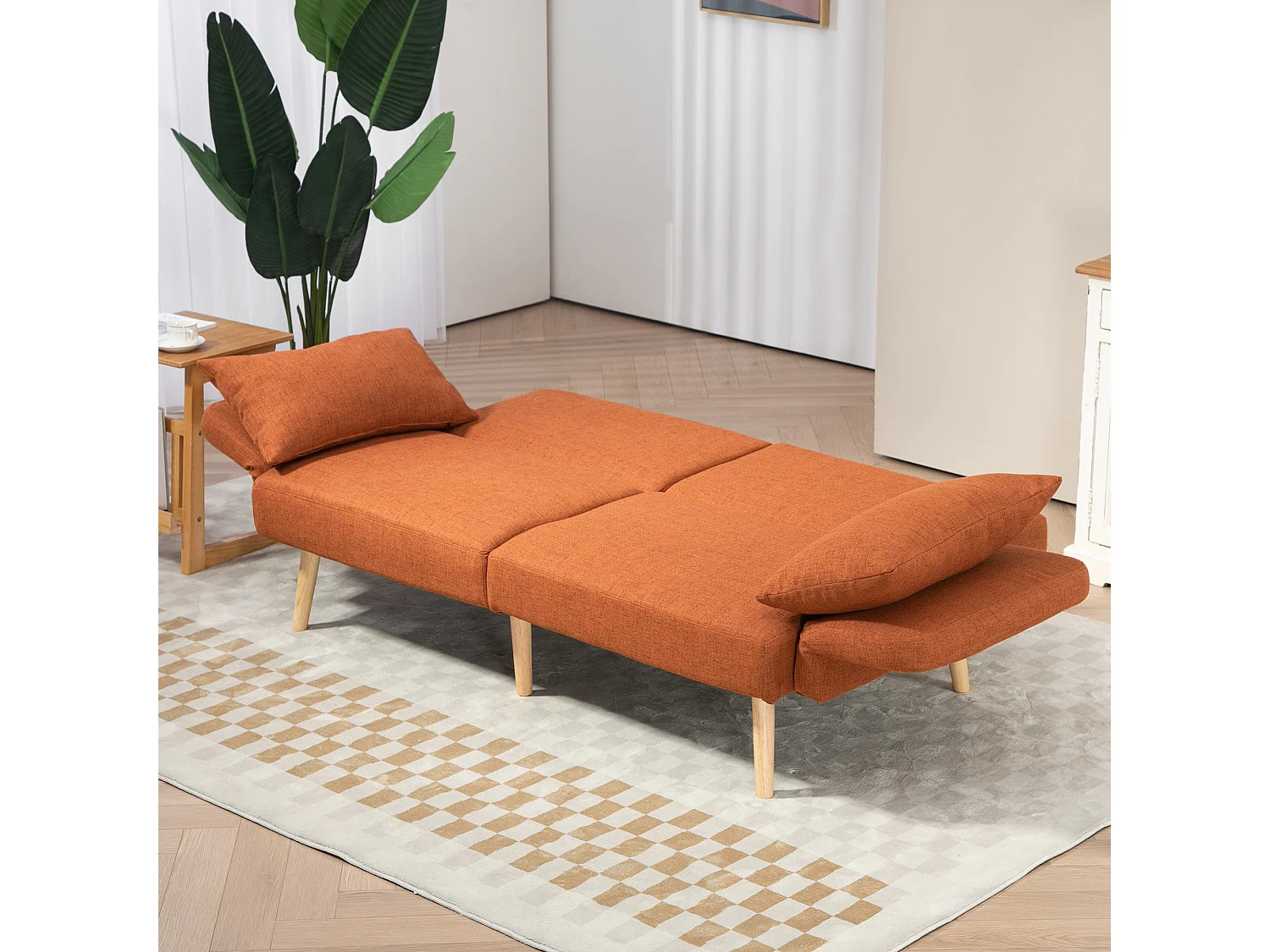 Canapé convertible 3 places design scandinave - dossier inclinable, accoudoirs réglables - 2 coussins déco - tissu ocre havane