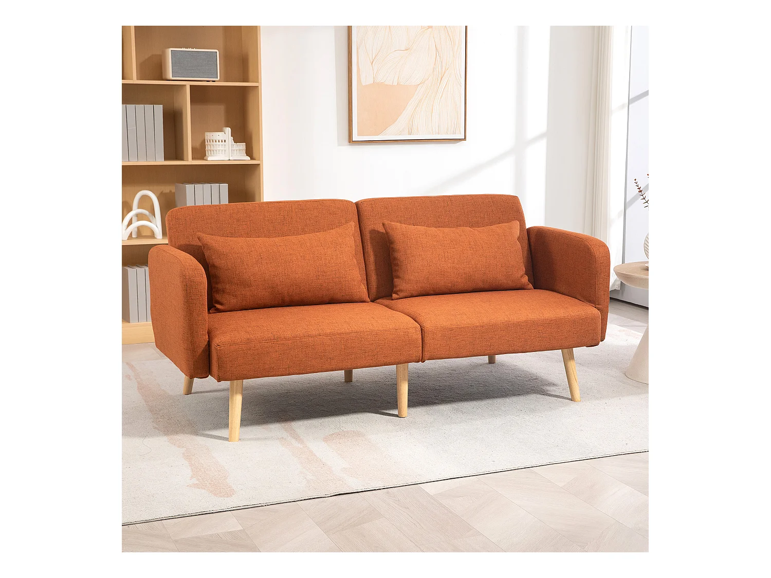 Canapé convertible 3 places design scandinave - dossier inclinable, accoudoirs réglables - 2 coussins déco - tissu ocre havane