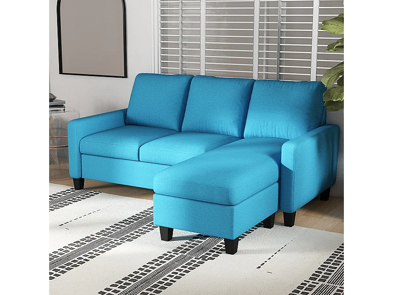 Canapé d'angle 3 places méridienne réversible garnissage mousse haute densité 28D tissu polyester bleu