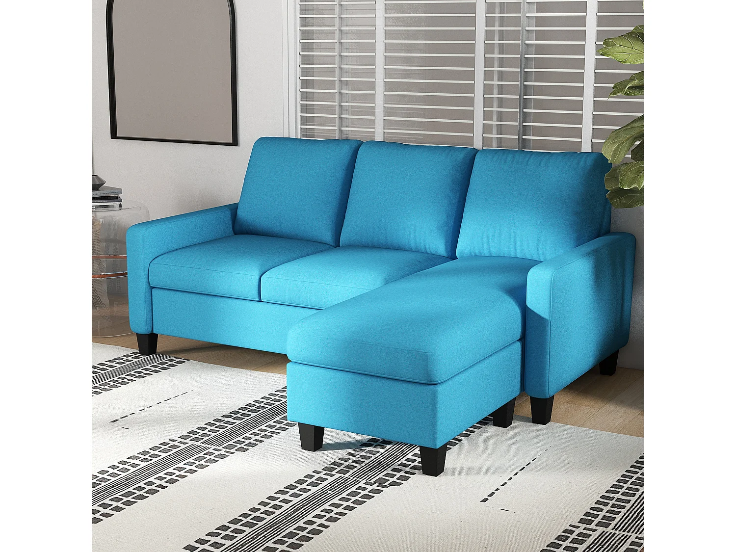 Canapé d'angle 3 places méridienne réversible garnissage mousse haute densité 28D tissu polyester bleu