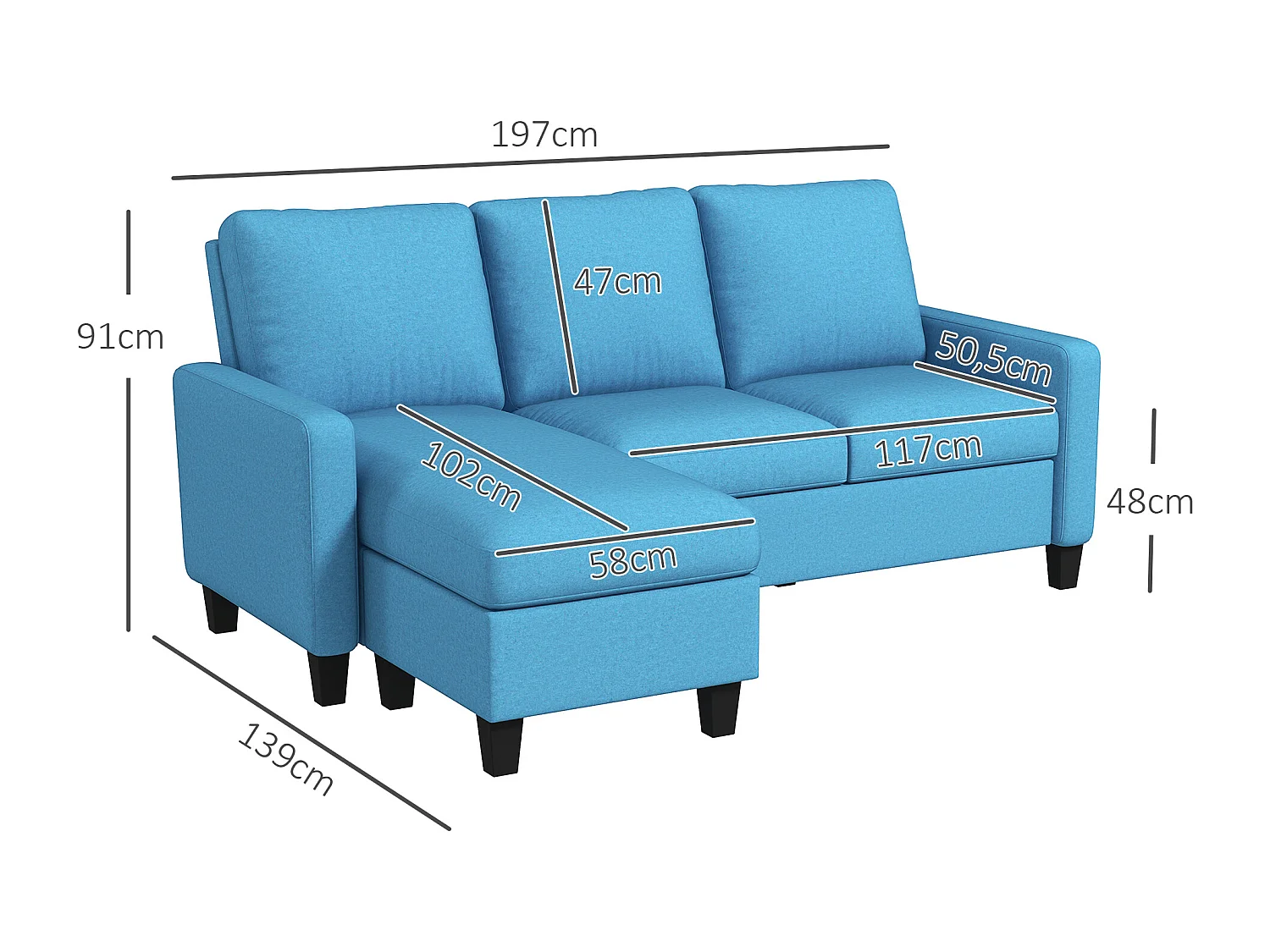 Canapé d'angle 3 places méridienne réversible garnissage mousse haute densité 28D tissu polyester bleu