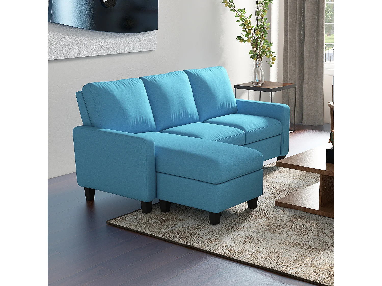 Canapé d'angle 3 places méridienne réversible garnissage mousse haute densité 28D tissu polyester bleu