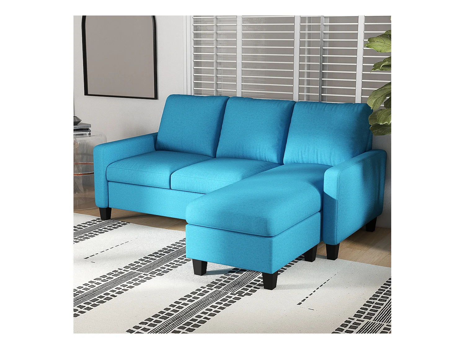 Canapé d'angle 3 places méridienne réversible garnissage mousse haute densité 28D tissu polyester bleu