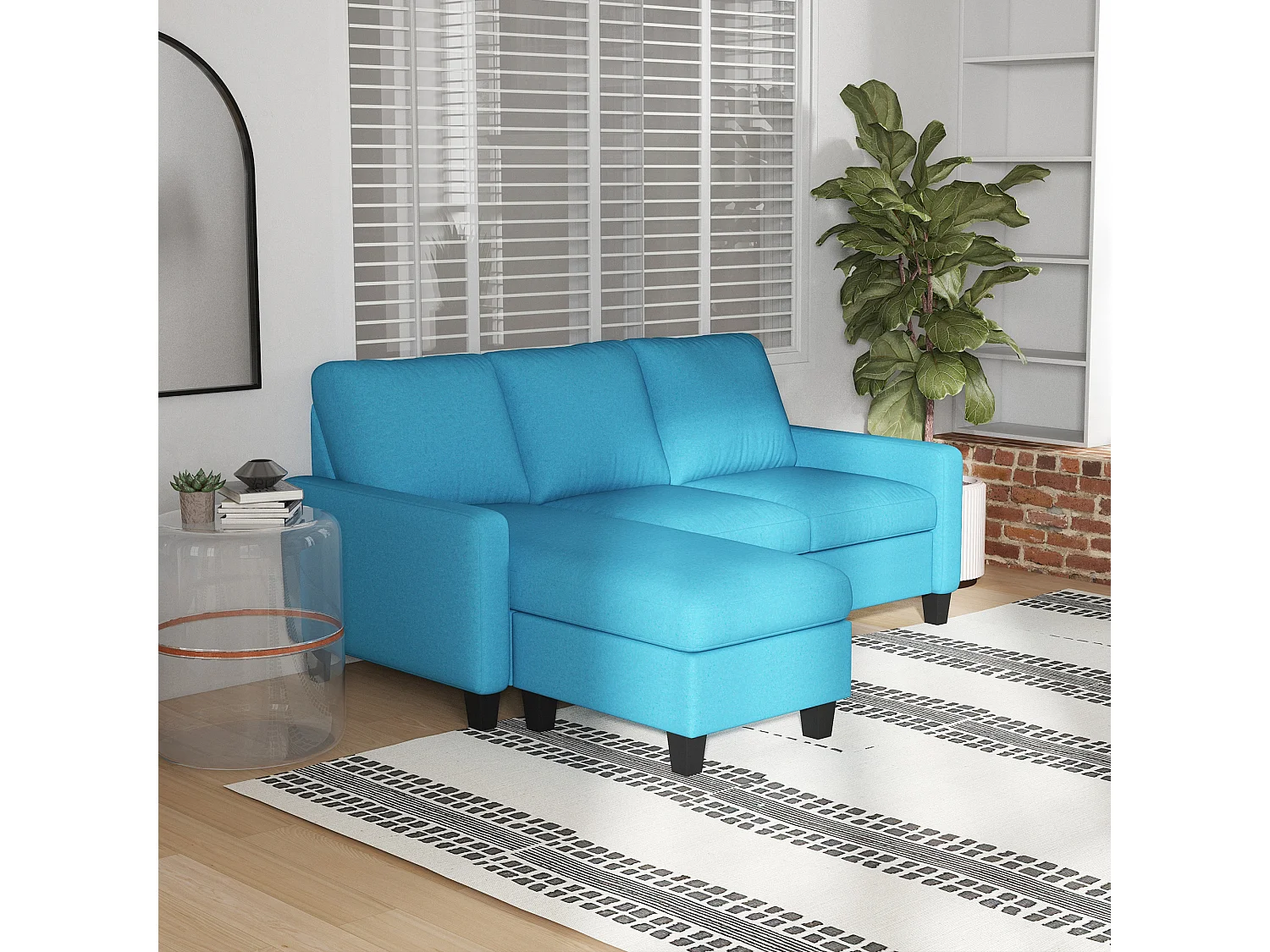 Canapé d'angle 3 places méridienne réversible garnissage mousse haute densité 28D tissu polyester bleu