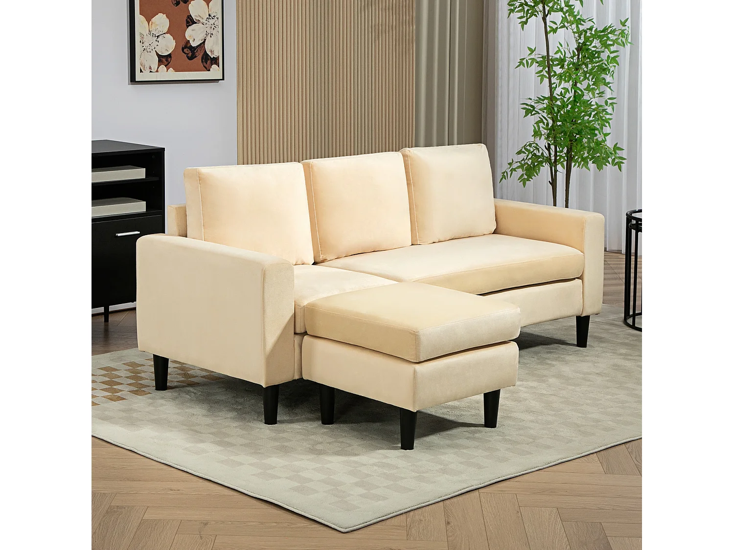 Canapé d'angle réversible 3 places piètement effilé bois noir revêtement velours beige