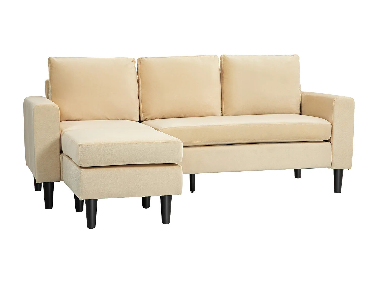 Canapé d'angle réversible 3 places piètement effilé bois noir revêtement velours beige