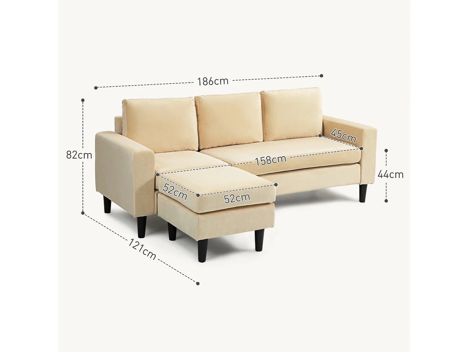 Canapé d'angle réversible 3 places piètement effilé bois noir revêtement velours beige