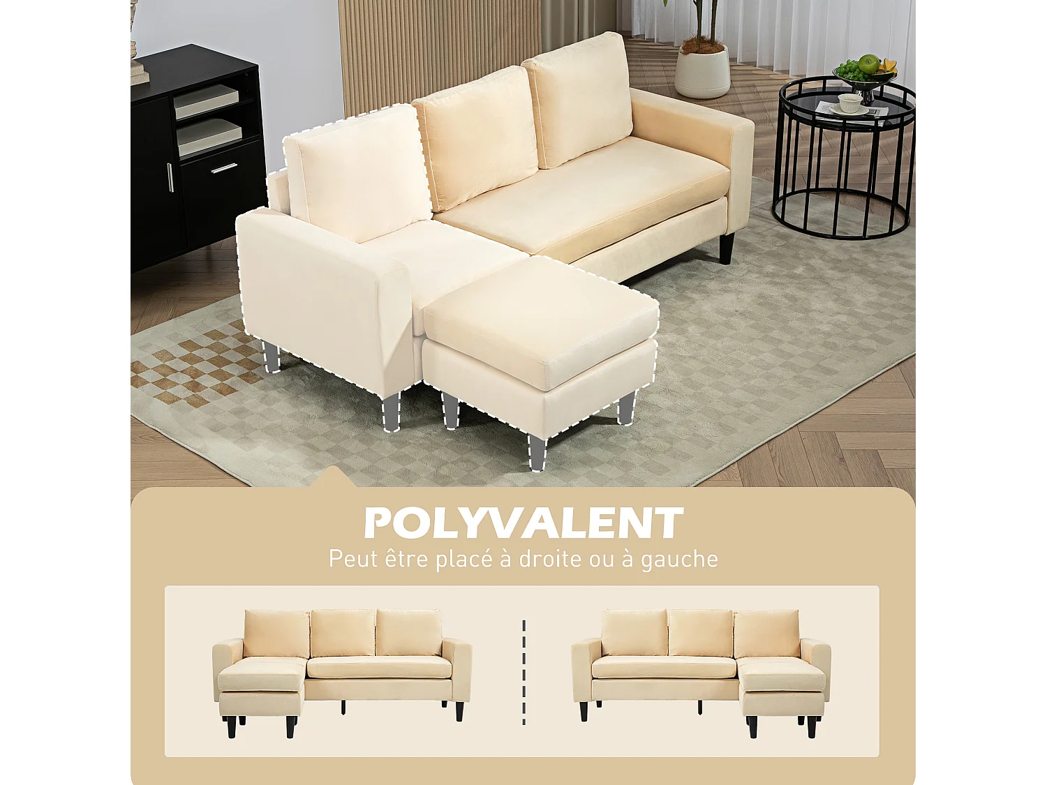 Canapé d'angle réversible 3 places piètement effilé bois noir revêtement velours beige