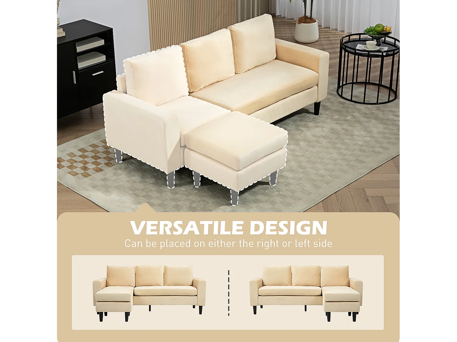 Canapé d'angle réversible 3 places piètement effilé bois noir revêtement velours beige